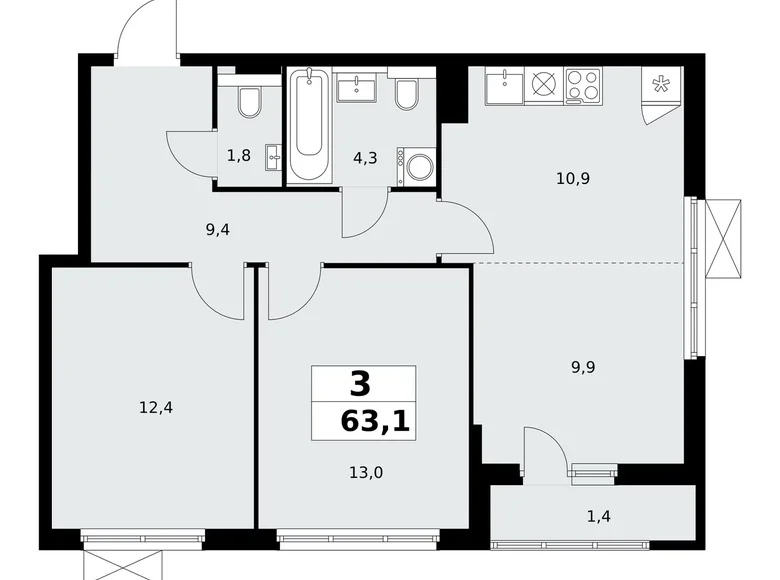 Appartement 3 chambres 63 m² Kommunarka, Russie
