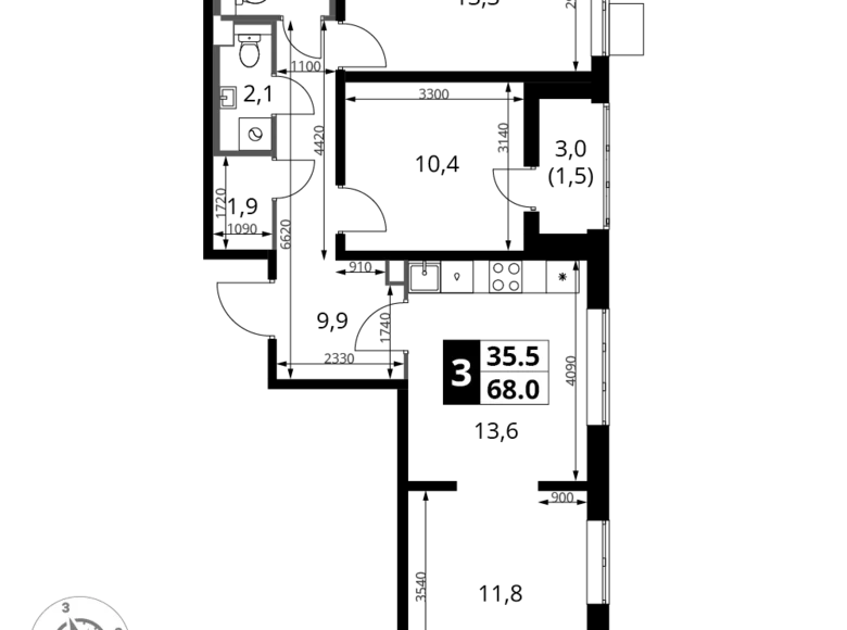 3 room apartment 68 m² Leninsky District, Russia