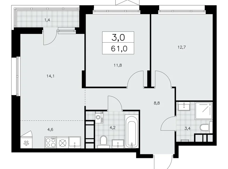 Apartamento 3 habitaciones 61 m² Kommunarka, Rusia