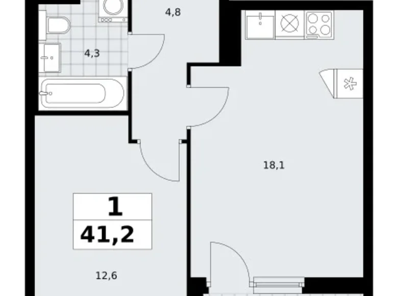 1 room apartment 41 m² Troitsk, Russia