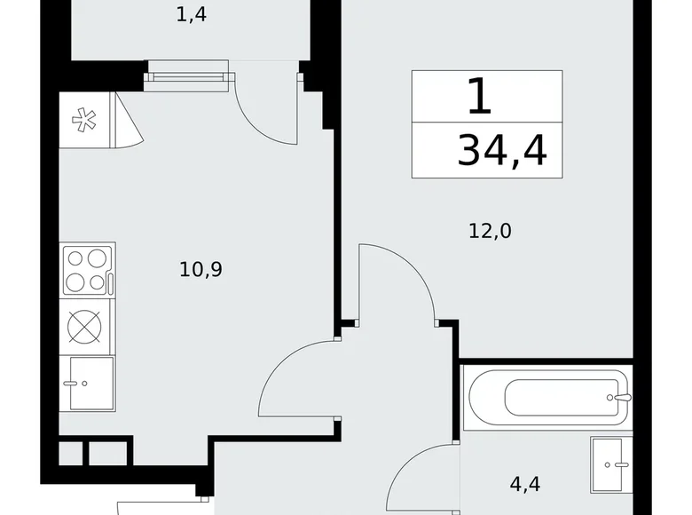 Квартира 1 комната 34 м² район Коммунарка, Россия
