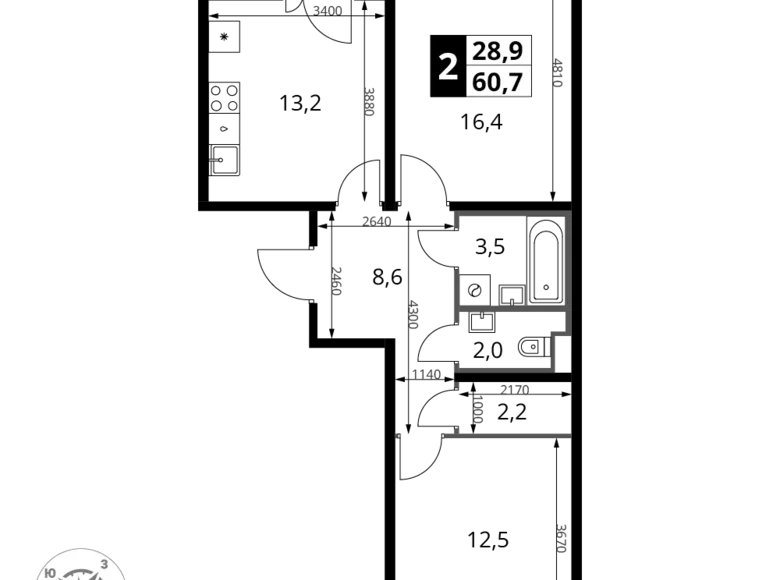 Appartement 2 chambres 61 m² Leninsky District, Russie