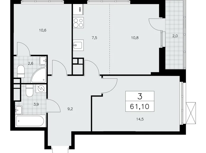 Appartement 3 chambres 61 m² Kommunarka, Russie