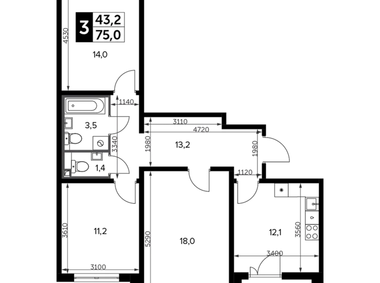 Квартира 3 комнаты 76 м² Ленинский городской округ, Россия