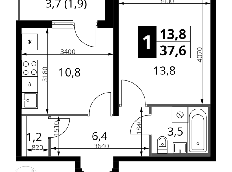 1 room apartment 38 m² Leninsky District, Russia