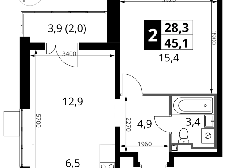 2 room apartment 45 m² Sapronovo, Russia