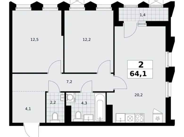 Wohnung 2 zimmer 64 m² Troizk, Russland