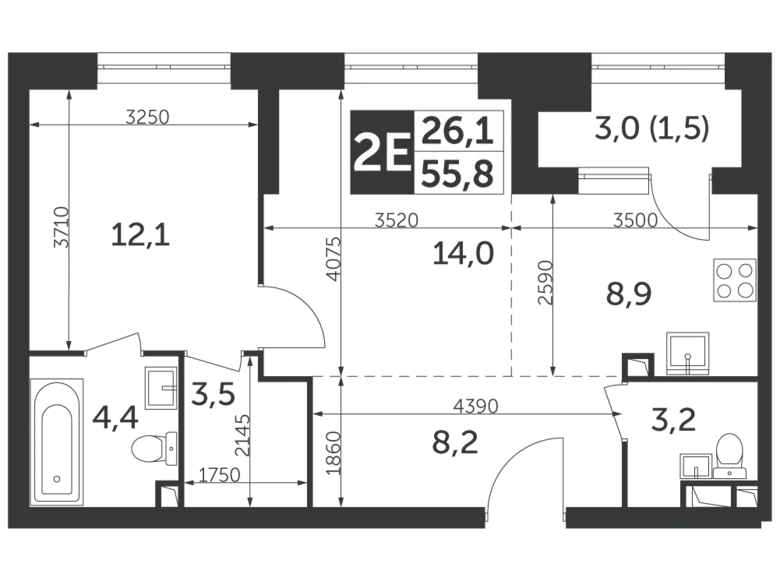 Mieszkanie 2 pokoi 56 m² Moskwa, Rosja