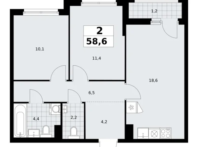 Appartement 2 chambres 59 m² Troïtsk, Russie