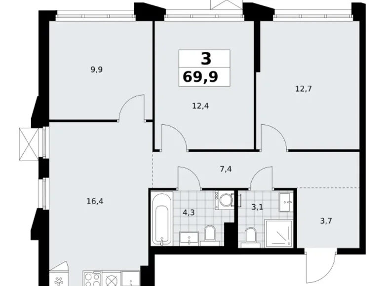 Mieszkanie 3 pokoi 70 m² Troick, Rosja