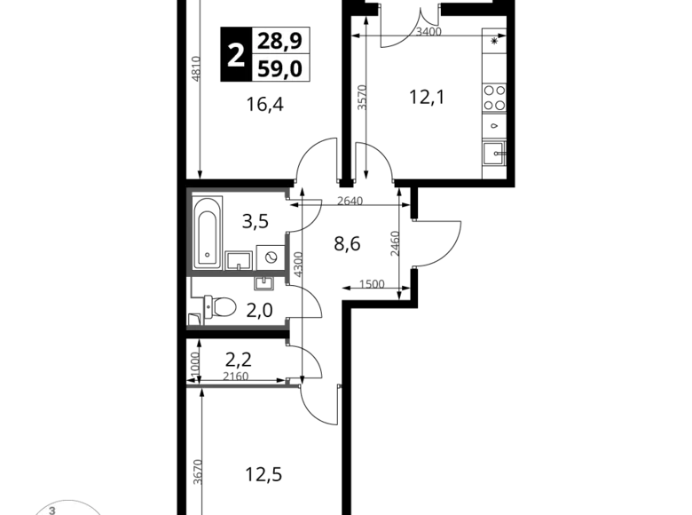 Квартира 2 комнаты 59 м² Ленинский городской округ, Россия