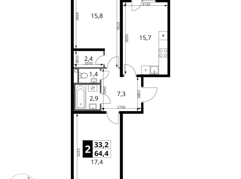 2 room apartment 64 m² Sapronovo, Russia