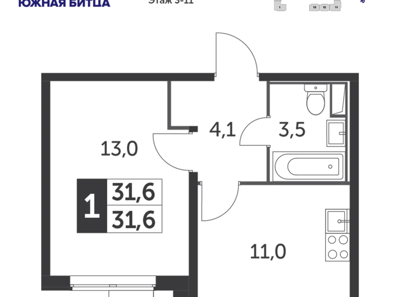 Mieszkanie 1 pokój 32 m² Leninsky District, Rosja