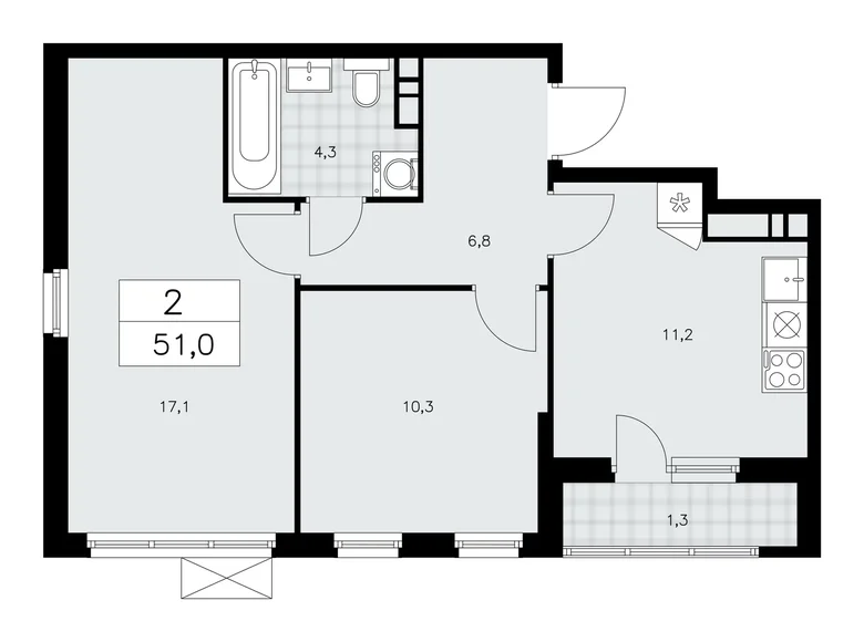 2 room apartment 51 m² Kommunarka, Russia