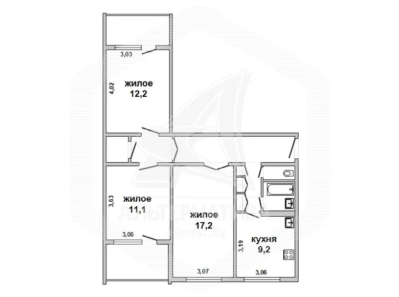 3 room apartment 69 m² Muchaviecki sielski Saviet, Belarus