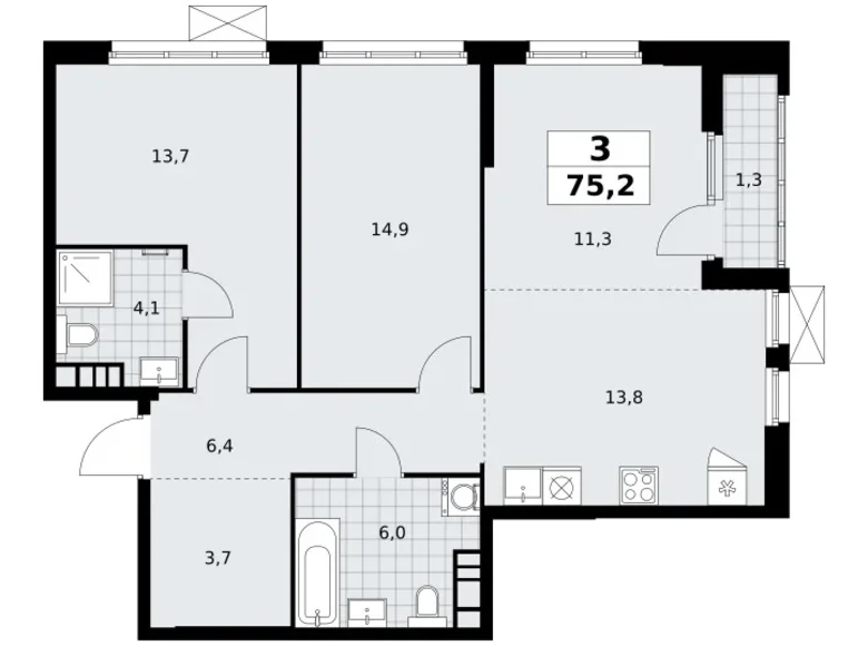 3 room apartment 75 m² Moscow, Russia