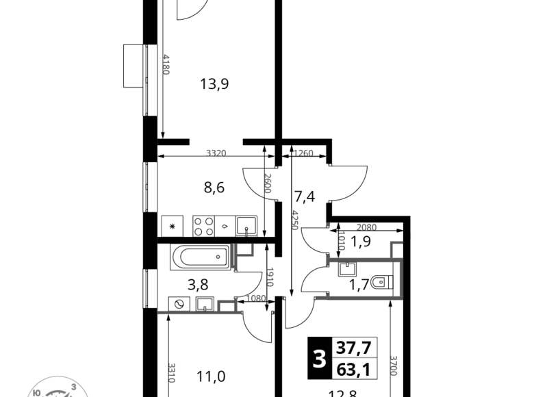 Mieszkanie 3 pokoi 63 m² Leninsky District, Rosja