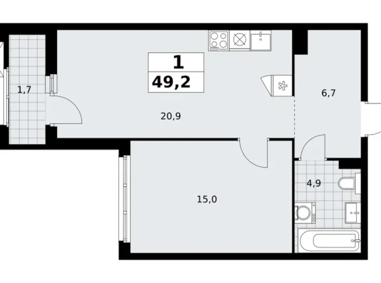 1 room apartment 49 m² Troitsk, Russia