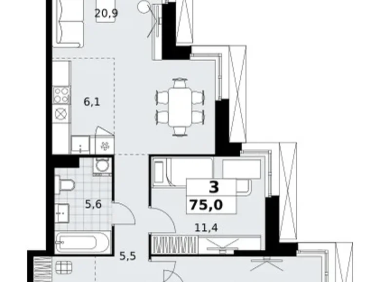 Mieszkanie 3 pokoi 75 m² Kommunarka, Rosja