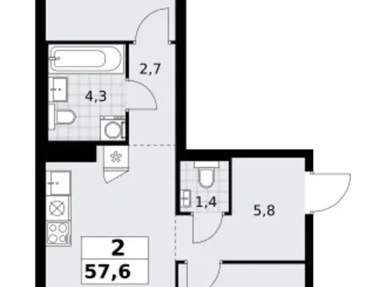 Mieszkanie 2 pokoi 58 m² Troick, Rosja