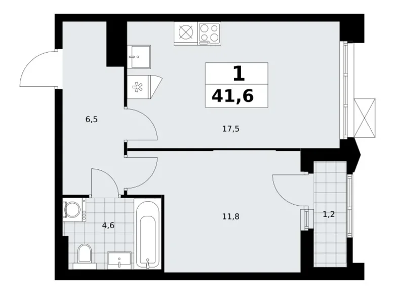 1 room apartment 42 m² Troitsk, Russia
