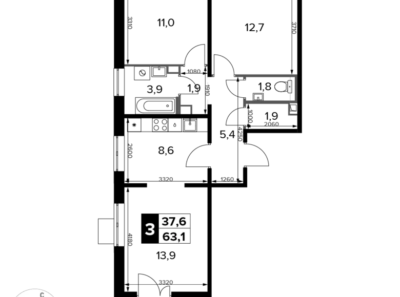 3 room apartment 63 m² Sapronovo, Russia