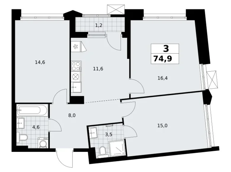 Appartement 3 chambres 75 m² Troïtsk, Russie
