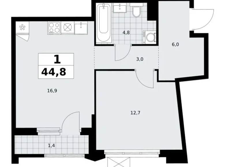 Квартира 1 комната 45 м² район Троицк, Россия