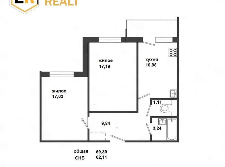 Квартира 2 комнаты 59 м² Брест, Беларусь