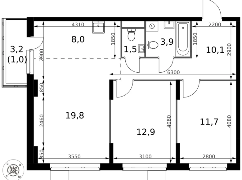 Квартира 3 комнаты 69 м² Сапроново, Россия