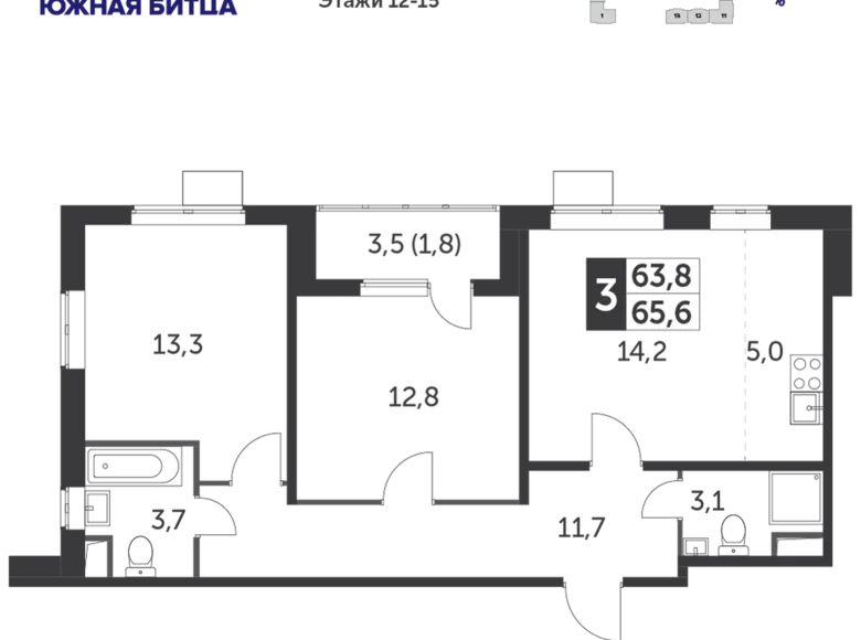3 room apartment 65 m² Leninsky District, Russia