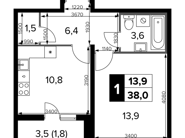 1 room apartment 38 m² Leninsky District, Russia