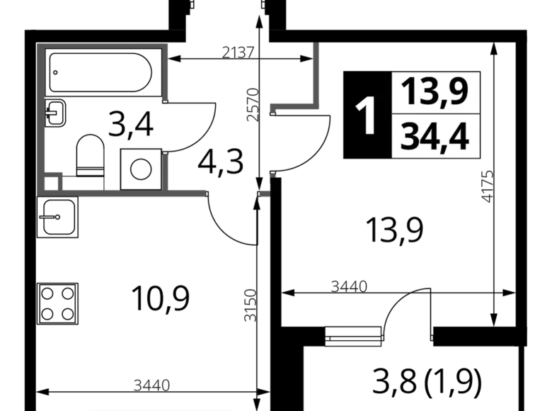 Wohnung 1 zimmer 34 m² Ljuberzy, Russland