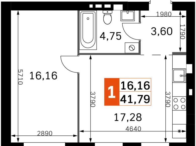 1 room apartment 42 m² Odincovskij gorodskoj okrug, Russia