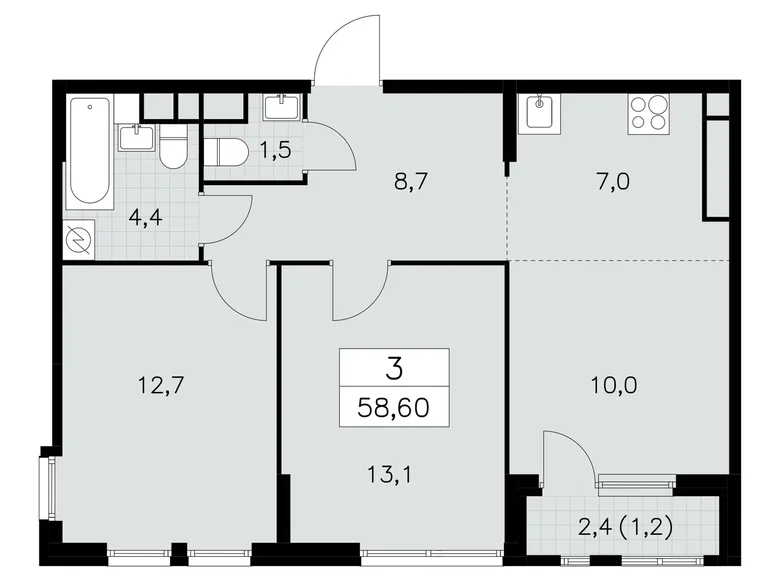 3 room apartment 59 m² Moscow, Russia