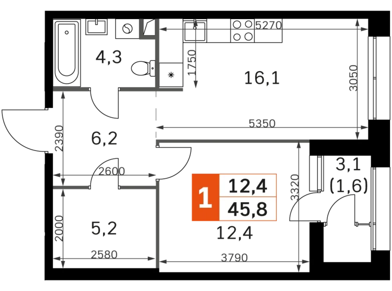 1 room apartment 46 m² Moscow, Russia