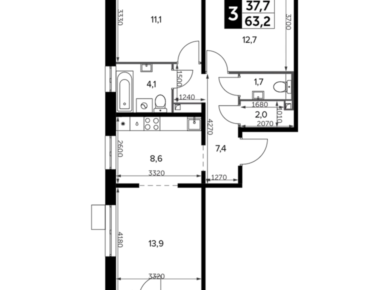 Mieszkanie 3 pokoi 63 m² Leninsky District, Rosja