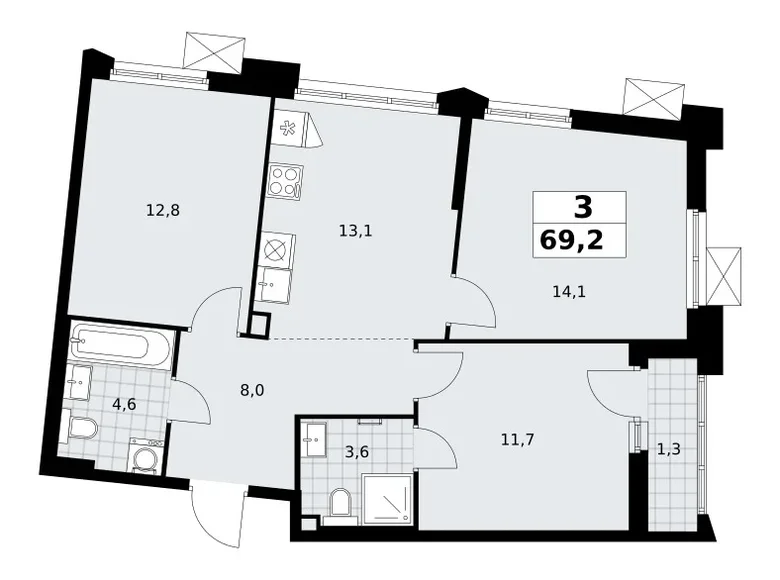 Apartamento 3 habitaciones 69 m² Troitsk, Rusia