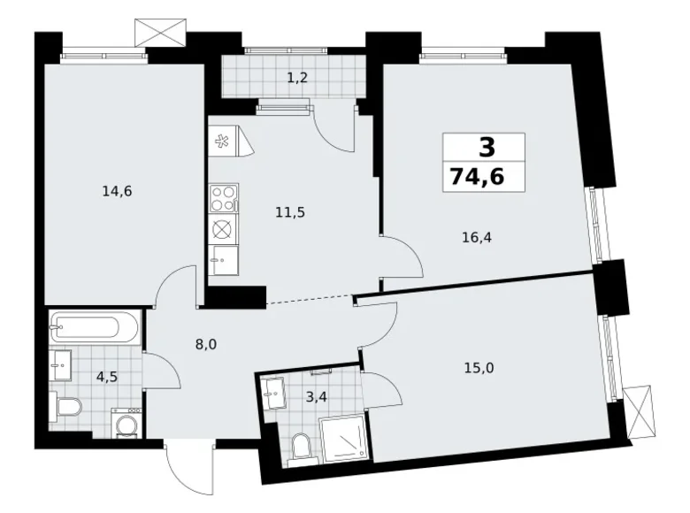 Mieszkanie 3 pokoi 75 m² Troick, Rosja
