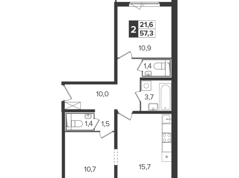 2 room apartment 57 m² Leninsky District, Russia