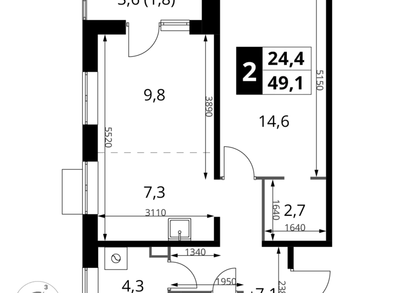 Appartement 2 chambres 49 m² Sapronovo, Russie