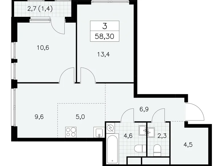 Apartamento 3 habitaciones 58 m² Moscú, Rusia