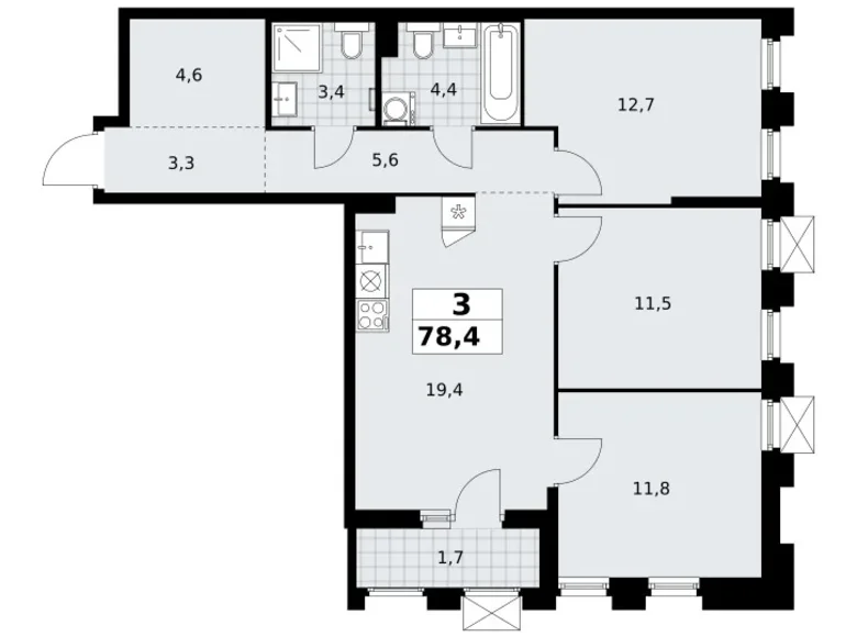 Mieszkanie 3 pokoi 78 m² Troick, Rosja