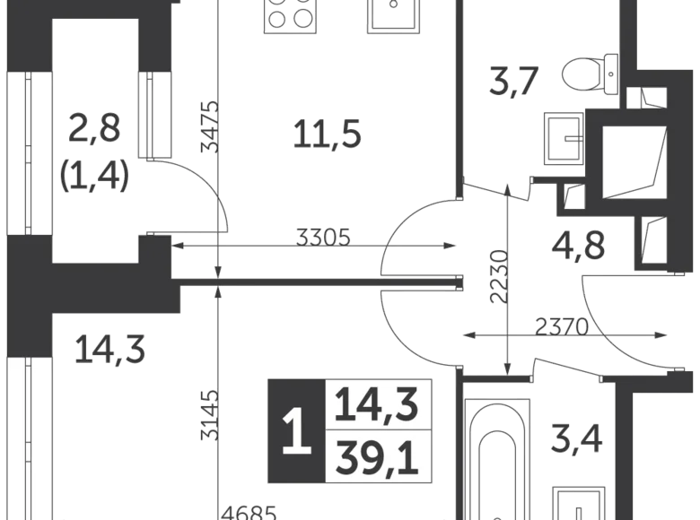 1 room apartment 39 m² Moscow, Russia