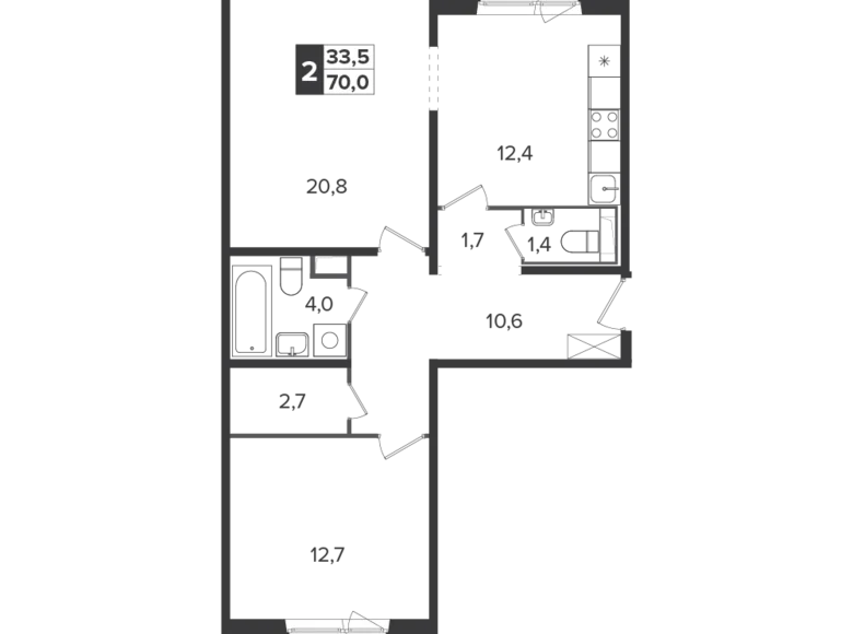 2 room apartment 70 m² Leninsky District, Russia