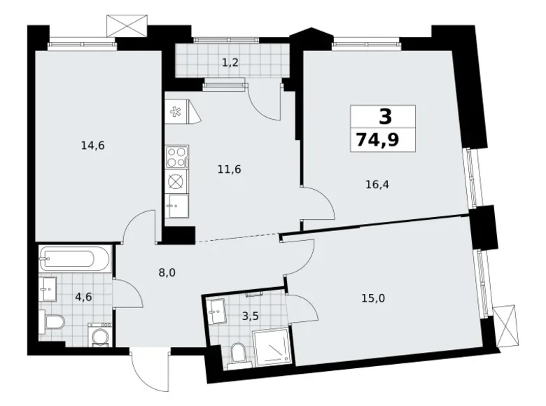 Appartement 3 chambres 75 m² Troïtsk, Russie