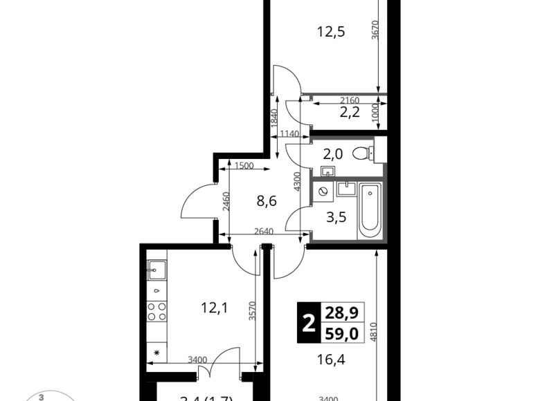 2 room apartment 59 m² Leninsky District, Russia