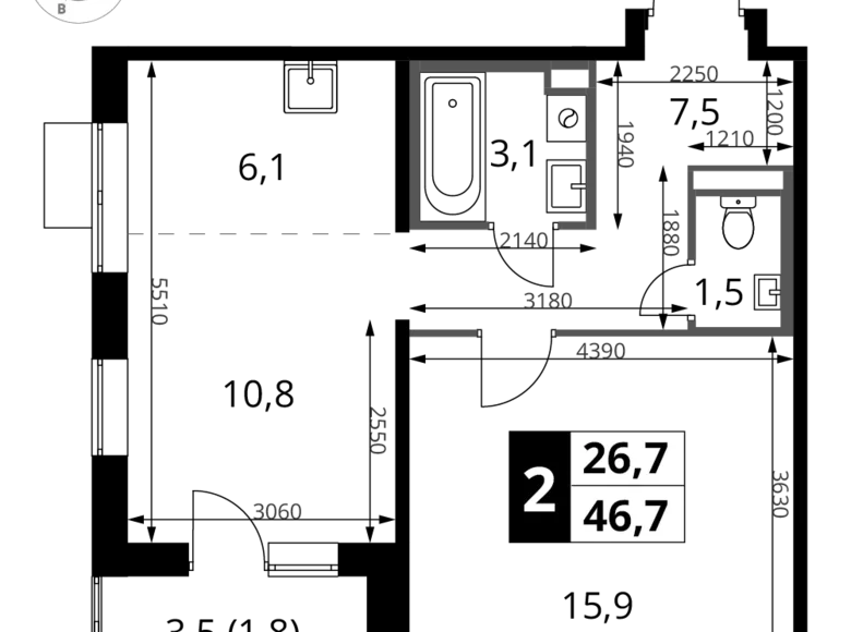 2 room apartment 47 m² Sapronovo, Russia