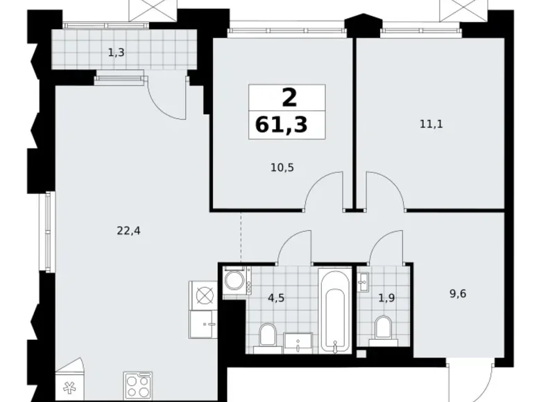 Appartement 2 chambres 61 m² Troïtsk, Russie