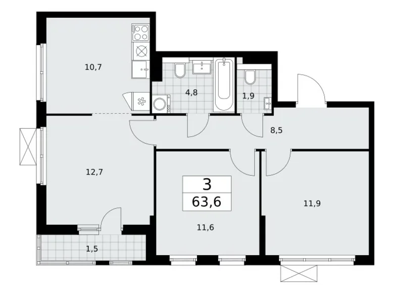 Apartamento 3 habitaciones 64 m² Kommunarka, Rusia